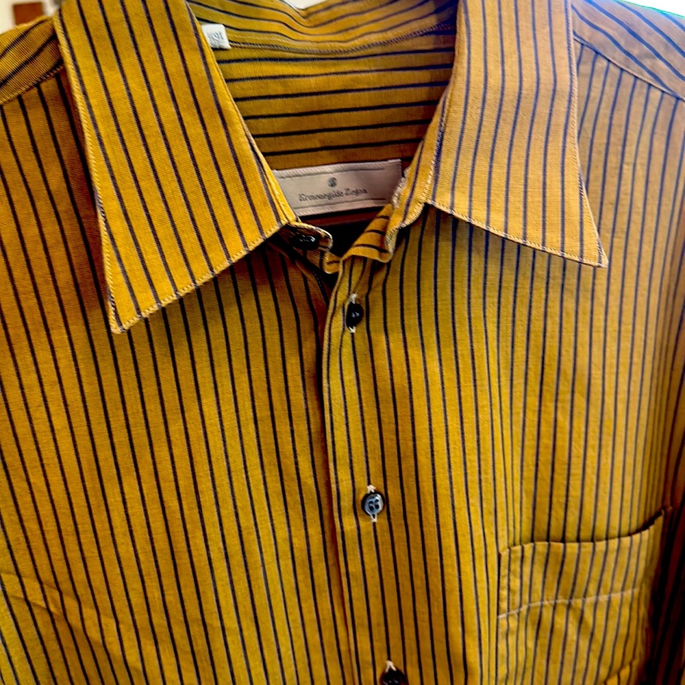 Ermeneglide Zegna men’s pin stripped large long sleeve designer, 100% cotton.